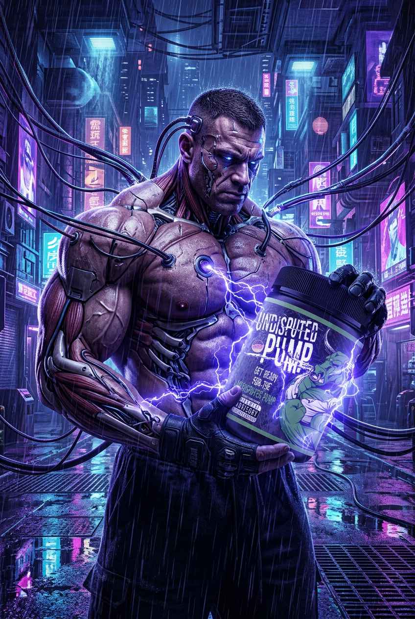 Cybernetischer Bodybuilder hält American Supps Undisputed Pump Booster in futuristischer Stadt.