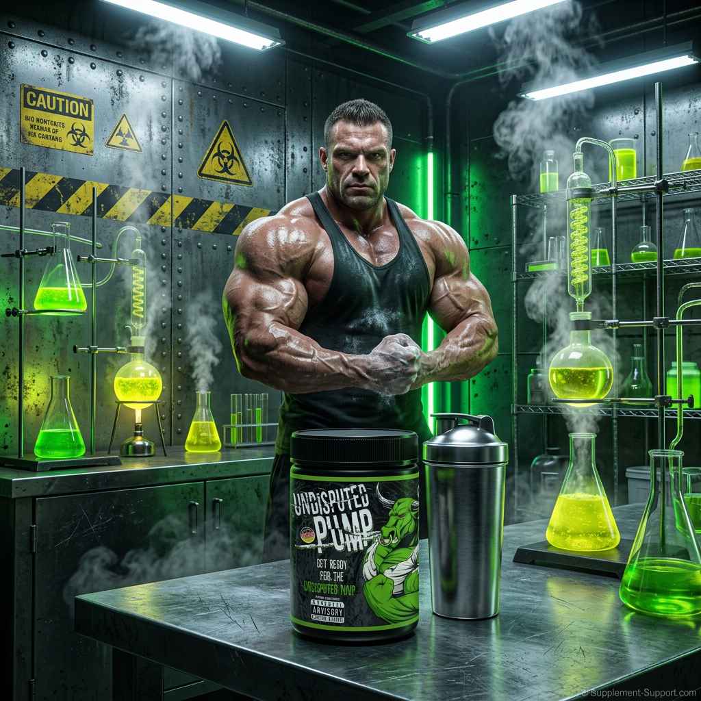Muskulöser Mann mit Undisputed Pump Booster in einem futuristischen Labor mit grünen Flüssigkeiten.