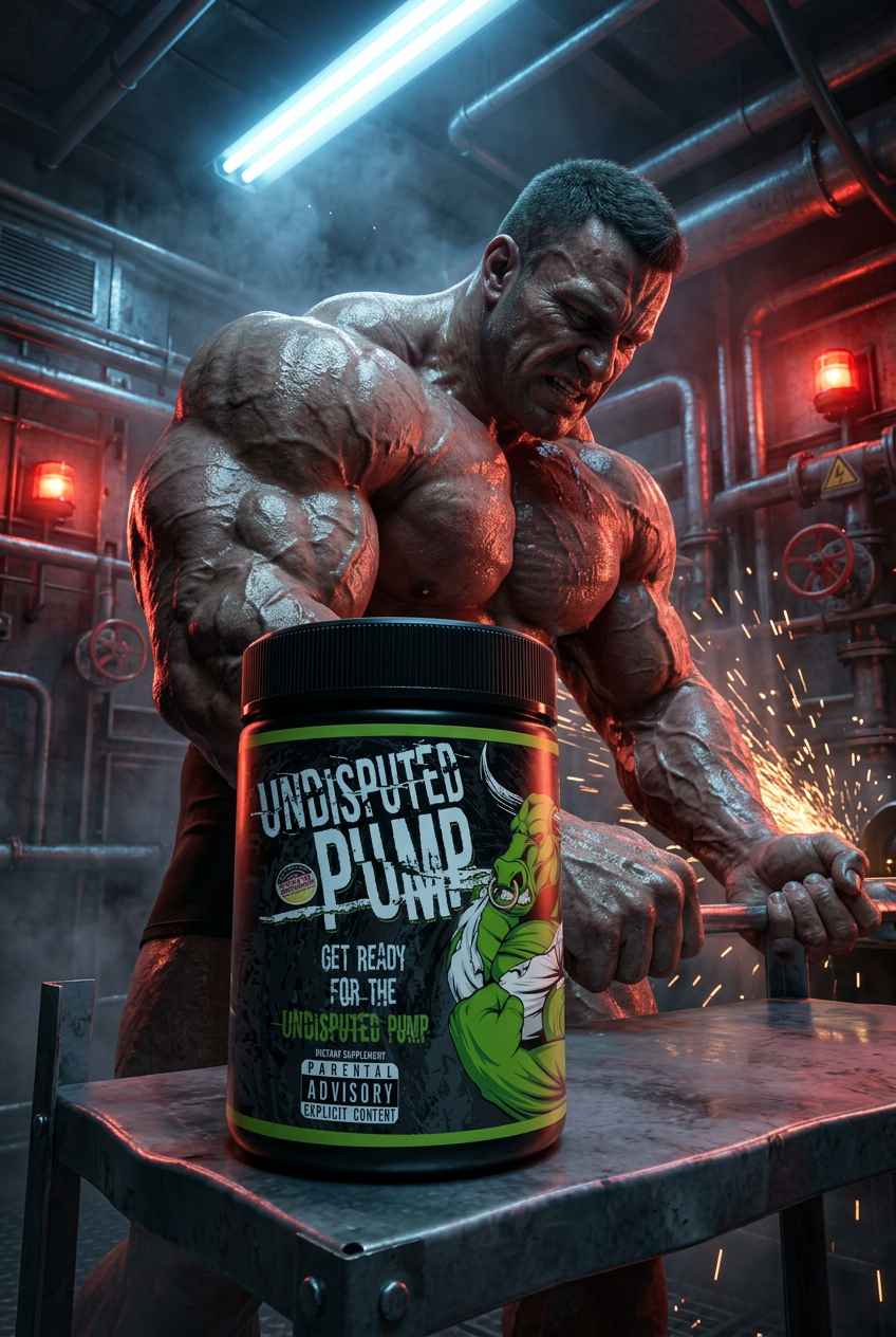 American Supps Undisputed Pump Booster Dose vor einem muskulösen Bodybuilder in Industrie-Optik