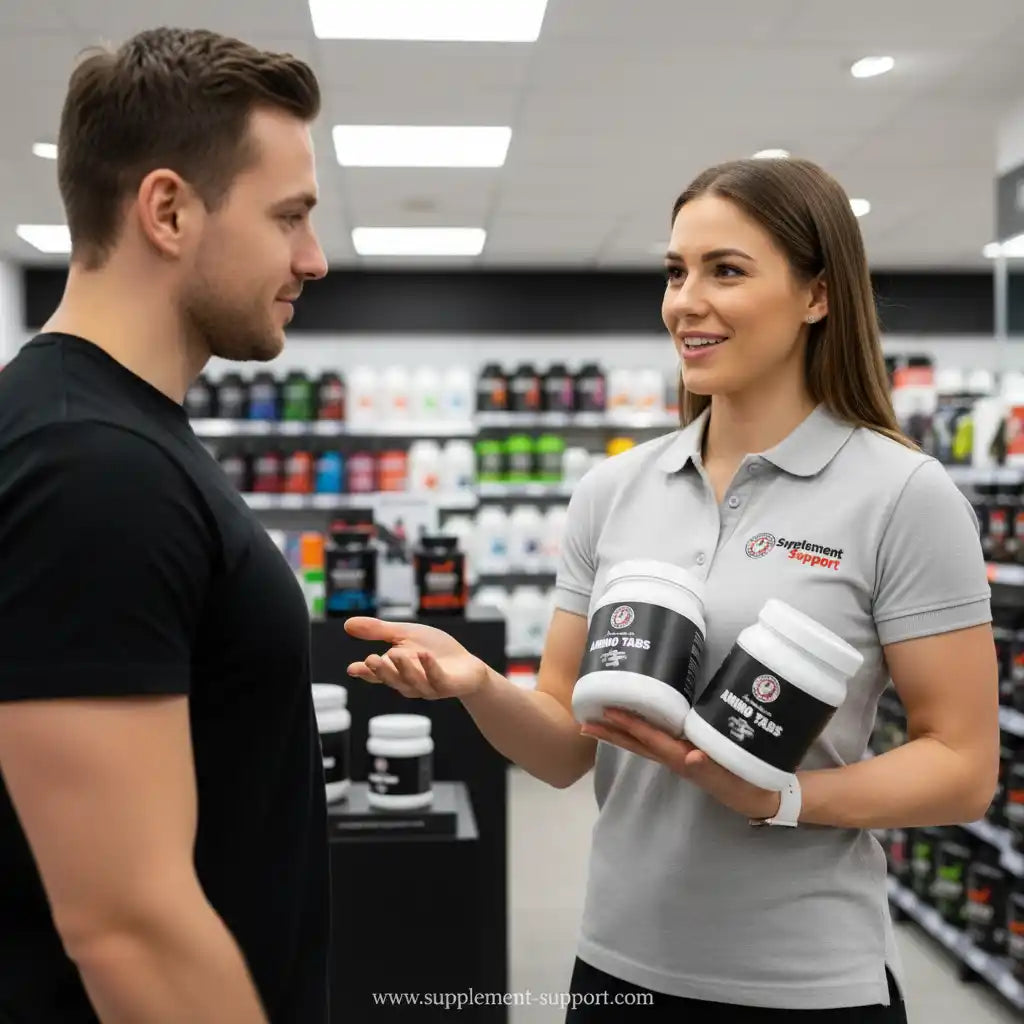 Beraterin präsentiert einem Kunden Amino Tabs Nahrungsergänzungsmittel im Sportnahrungsshop.