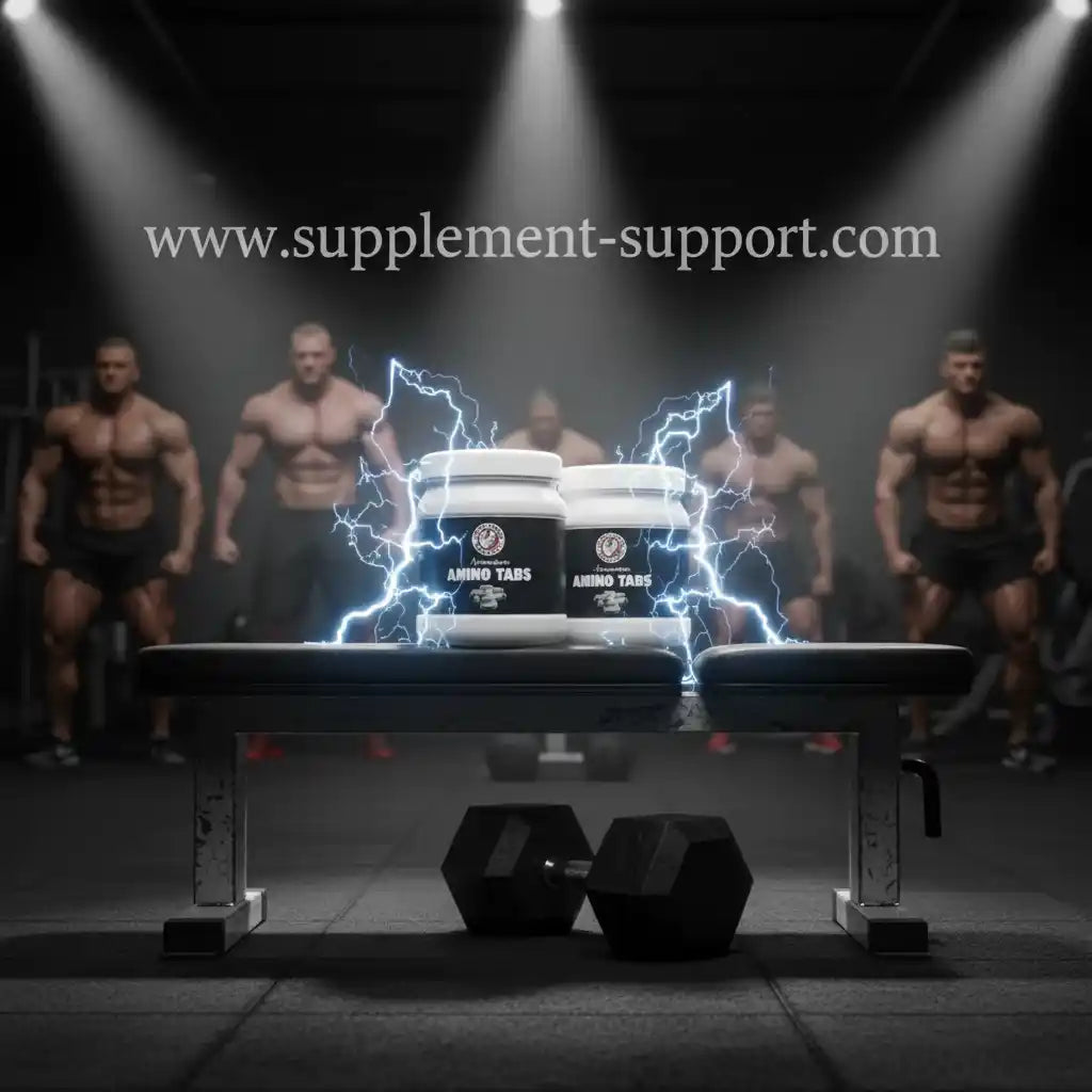 Zwei Dosen Amino Tabs Nahrungsergänzung auf einer Hantelbank mit Blitzen und Bodybuildern.