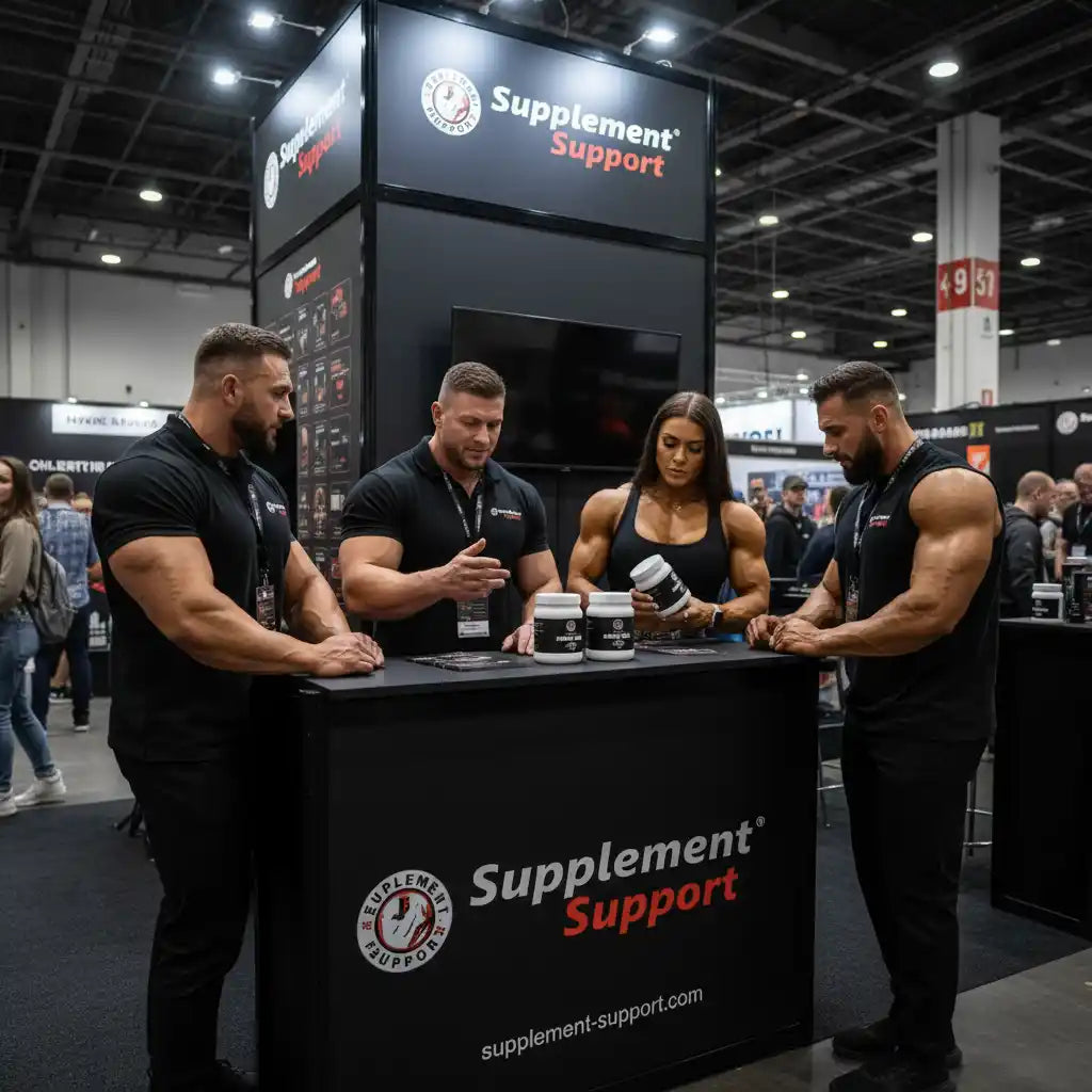 Muskulöse Fitness-Models präsentieren Supplement-Support Nahrungsergänzung auf einer Messe.