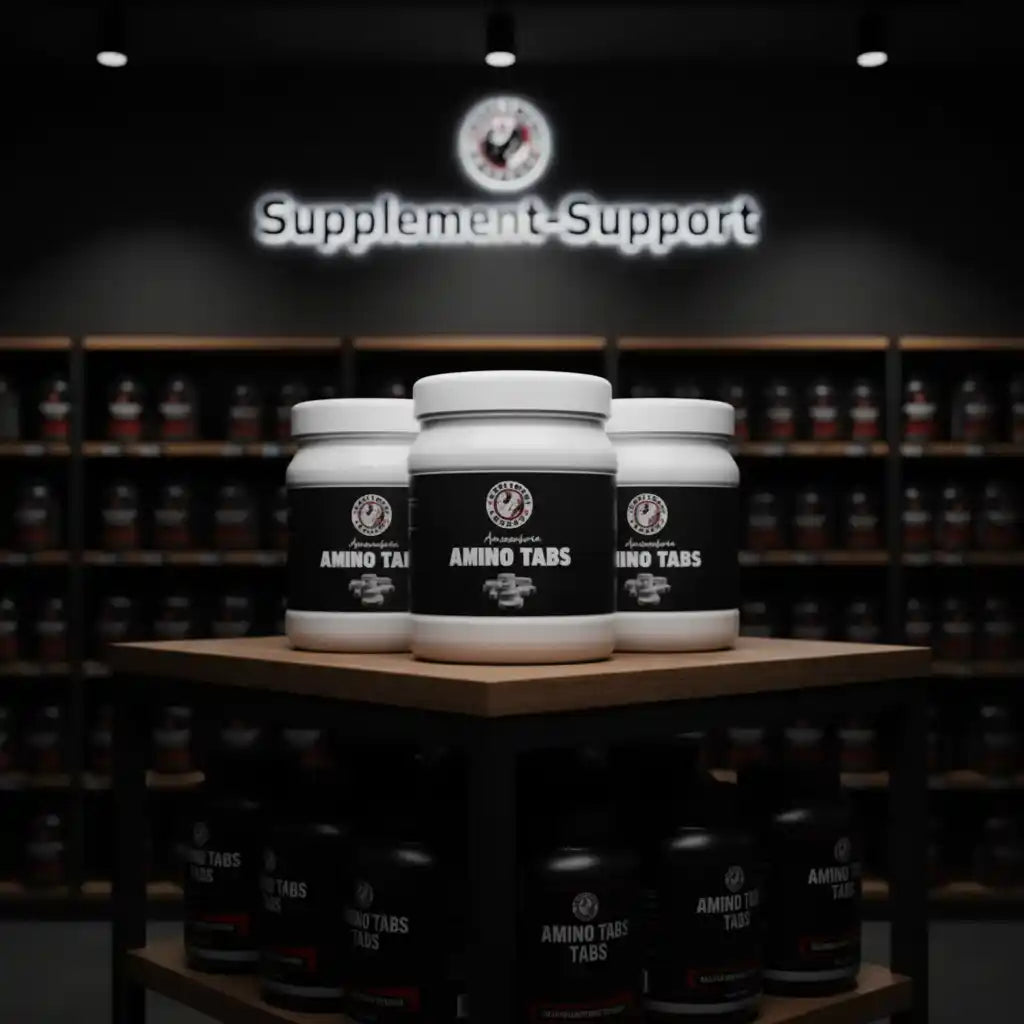 Drei weiße Dosen mit Amino Tabs Nahrungsergänzungsmitteln im Supplement-Support Store.