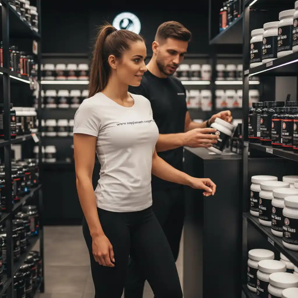 Ein Paar wählt Sportnahrung und Nahrungsergänzungsmittel in einem modernen Supplement-Shop aus.