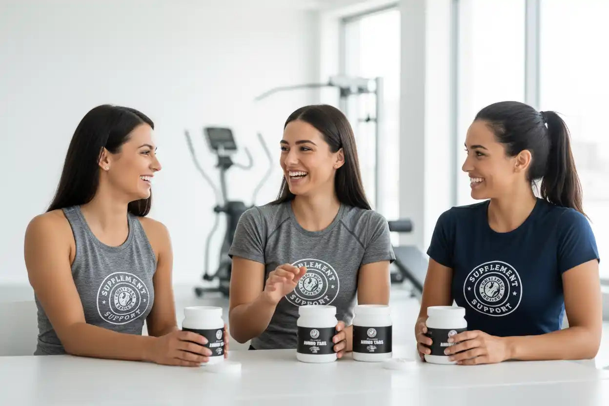 Drei lächelnde Frauen in Sportkleidung mit Nahrungsergänzungsmitteln im Fitnessstudio