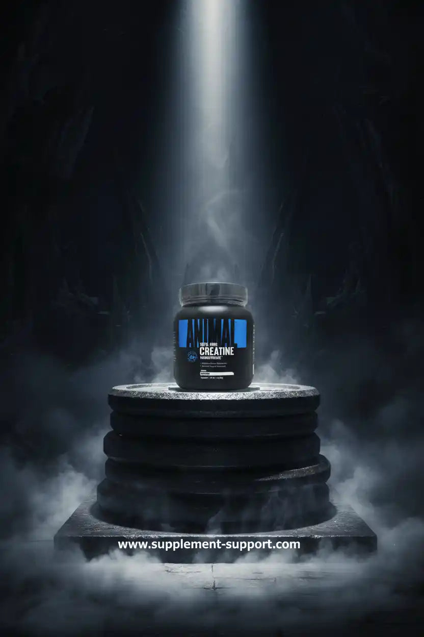 Animal Creatine Monohydrat für Fitness und Sportler, präsentiert auf Gewichten mit dramatischer Beleuchtung
