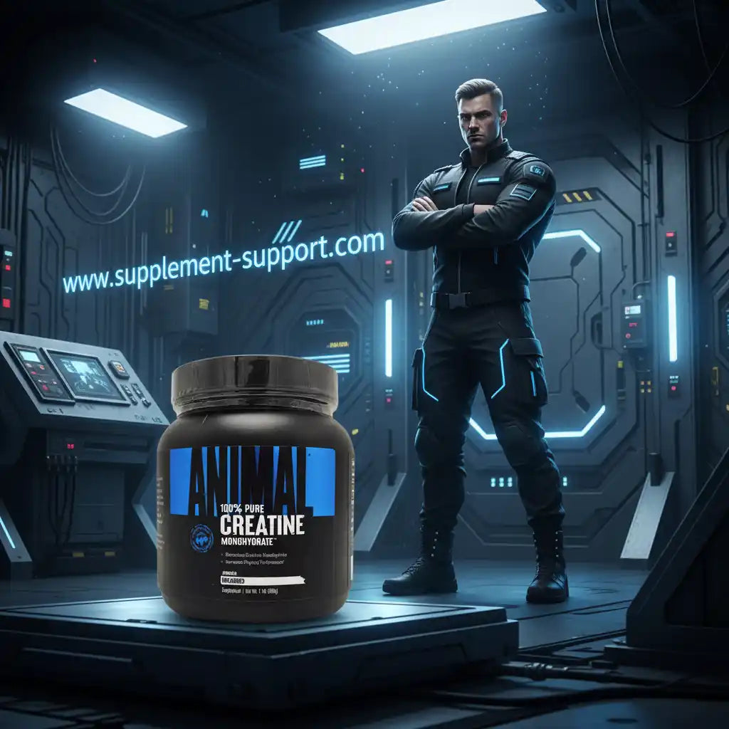 100% reines Kreatin-Monohydrat für Sportler in futuristischem Setting
