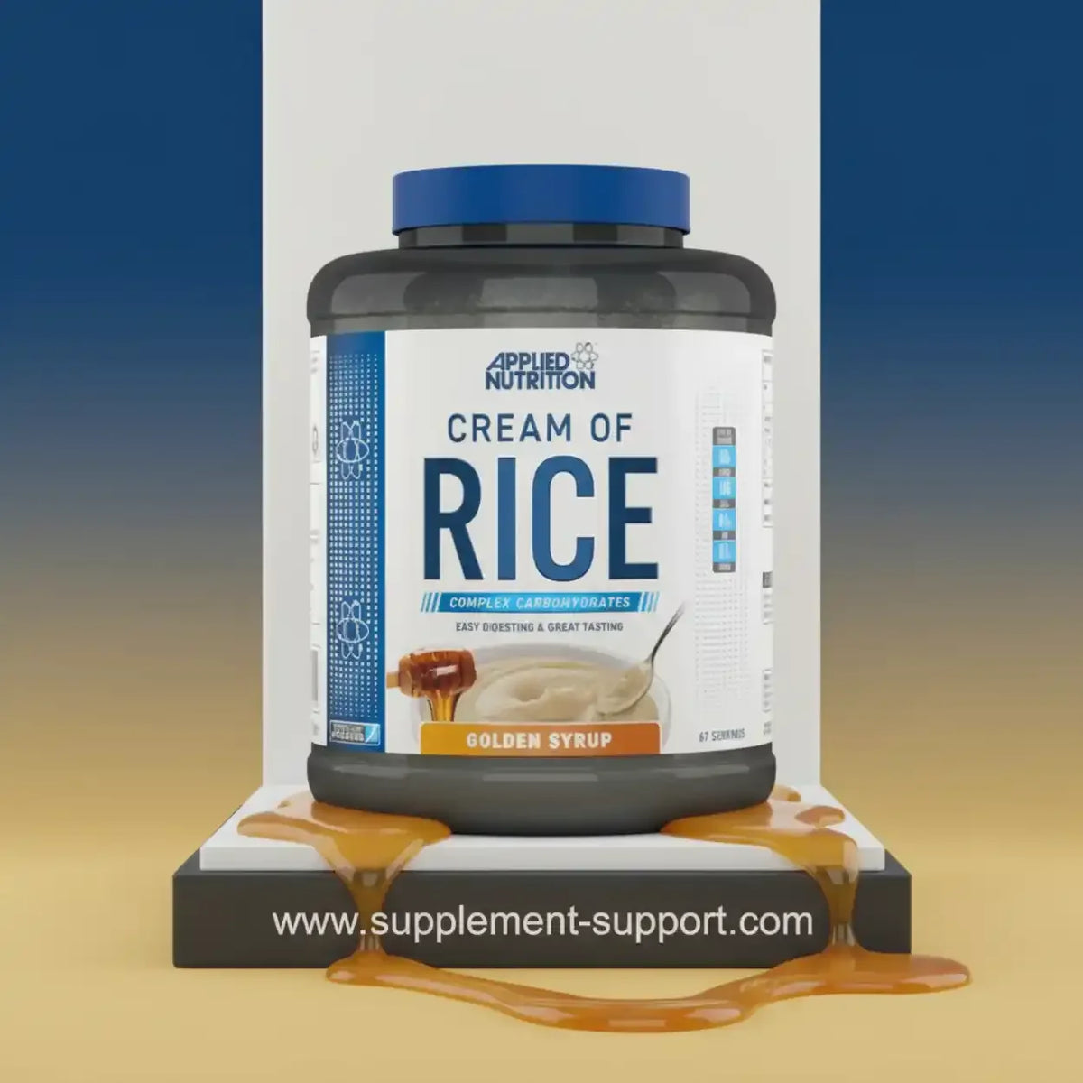 Applied Nutrition Cream of Rice im Geschmack Golden Syrup, 2kg Packung auf goldenem Untergrund