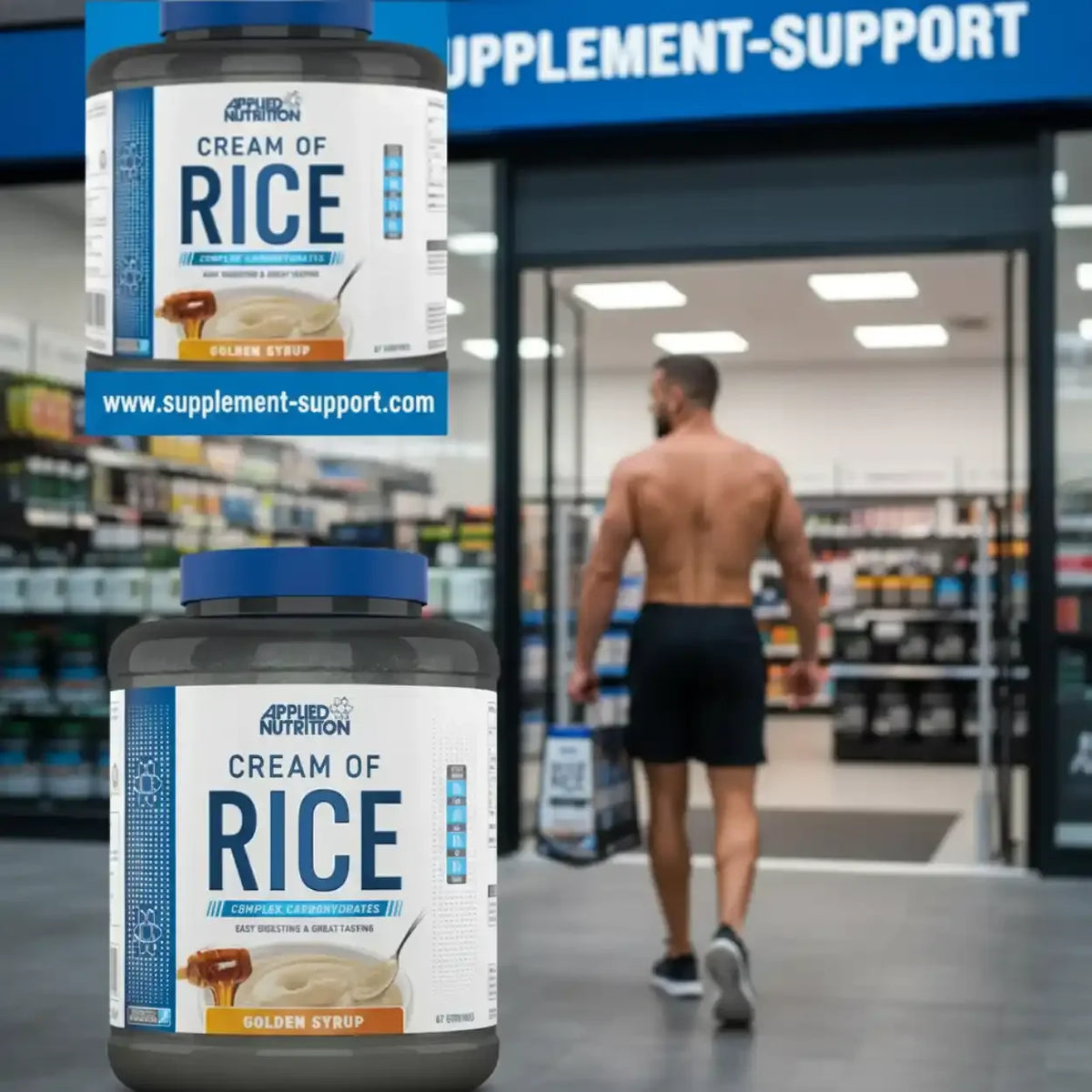 Applied Nutrition Cream of Rice Golden Syrup Sportnahrung vor einem Supplement-Shop