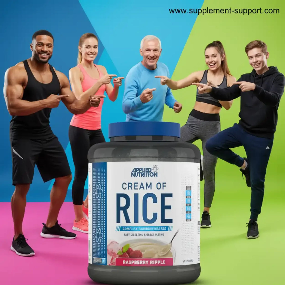Applied Nutrition Cream of Rice im Geschmack Raspberry Ripple mit Sportlern im Hintergrund.