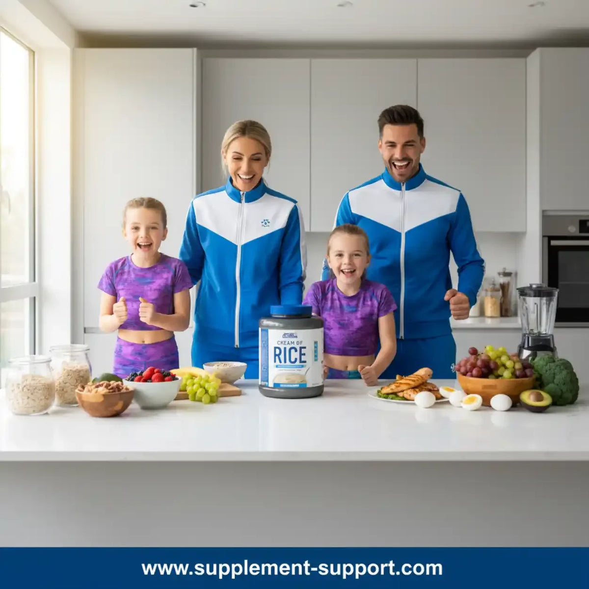 Eine glückliche Familie in Sportkleidung mit Applied Nutrition Cream of Rice und gesunden Lebensmitteln.