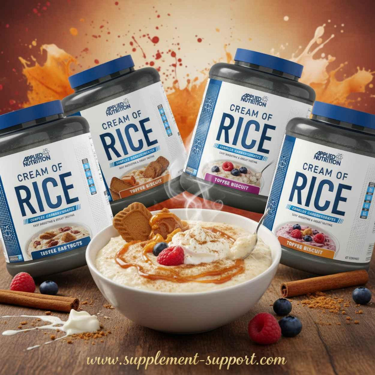 Applied Nutrition Cream of Rice im Geschmack Toffee Biscuit mit einer zubereiteten Schale