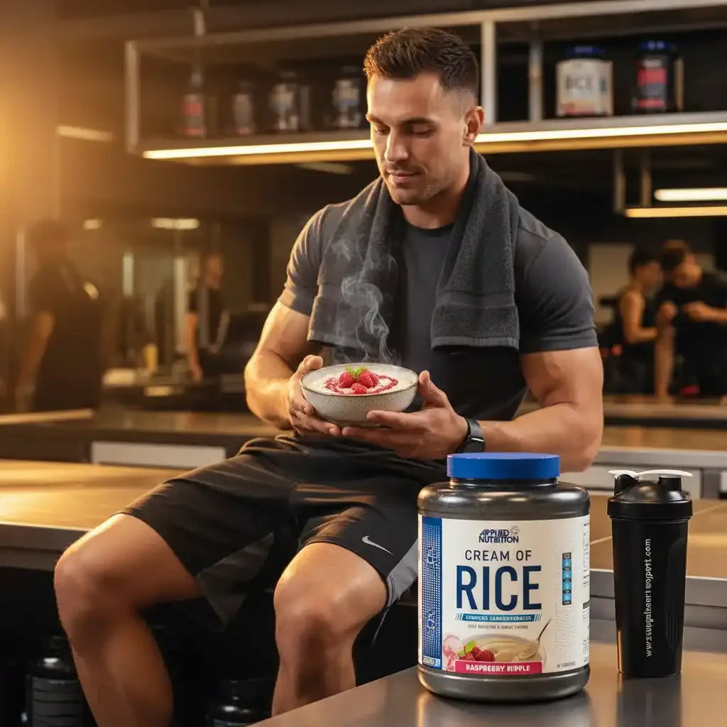 Athlet mit Reisprotein-Pulver und Beeren-Smoothie im Fitnessstudio, ideal für Sportler und Fitness-Enthusiasten