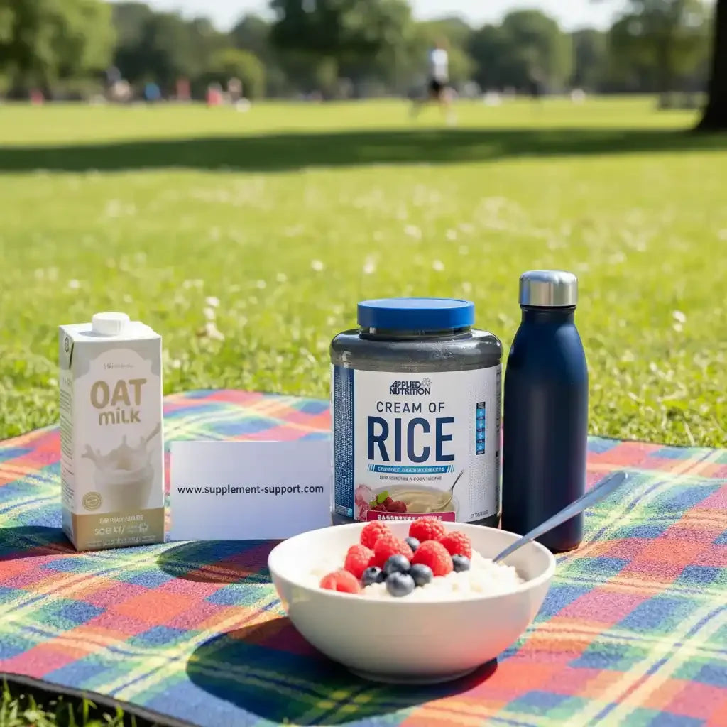 Reisprotein-Porridge mit Beeren, Hafermilch und Trinkflasche im Park für Sportler