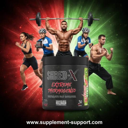 Applied Nutrition Shred-X Extreme Thermogenic Fat Burner Dose mit Sportlern im Hintergrund