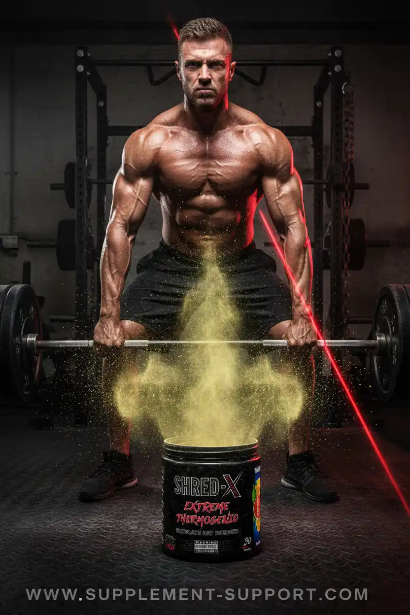 Muskulöser Athlet mit Shred-X Fat Burner im Fitnessstudio, ideal für Sportler und Fitness-Enthusiasten