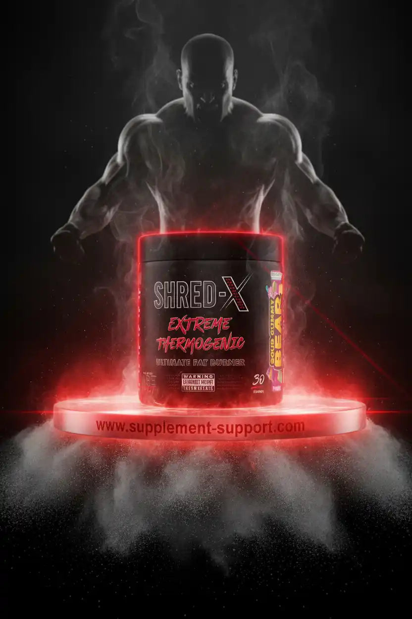 SHRED-X Extreme Thermogenic Fat Burner für Fitness & Sport – Muskelmann im Rauch vor rotem Licht