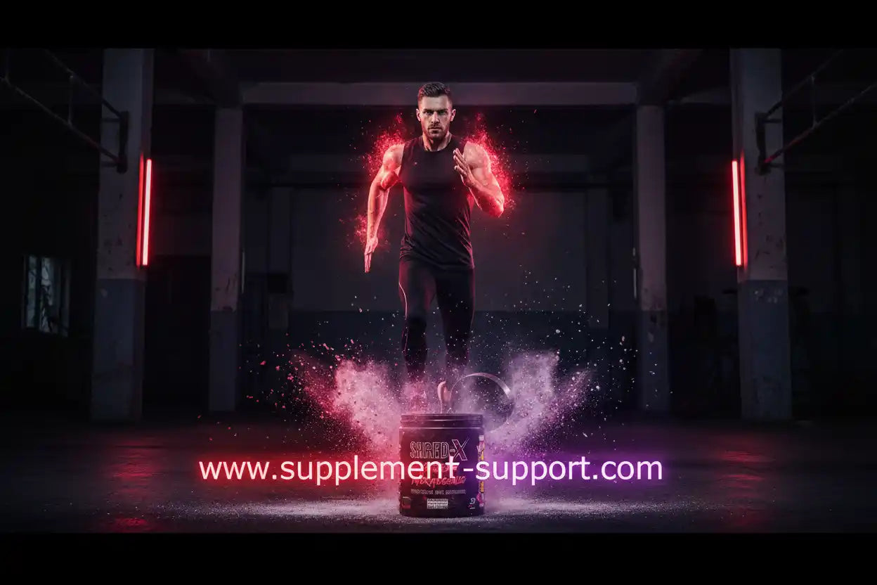 Athlet mit Shred X Fatburner Pulver, Sportnahrung für Fitness und Muskelaufbau