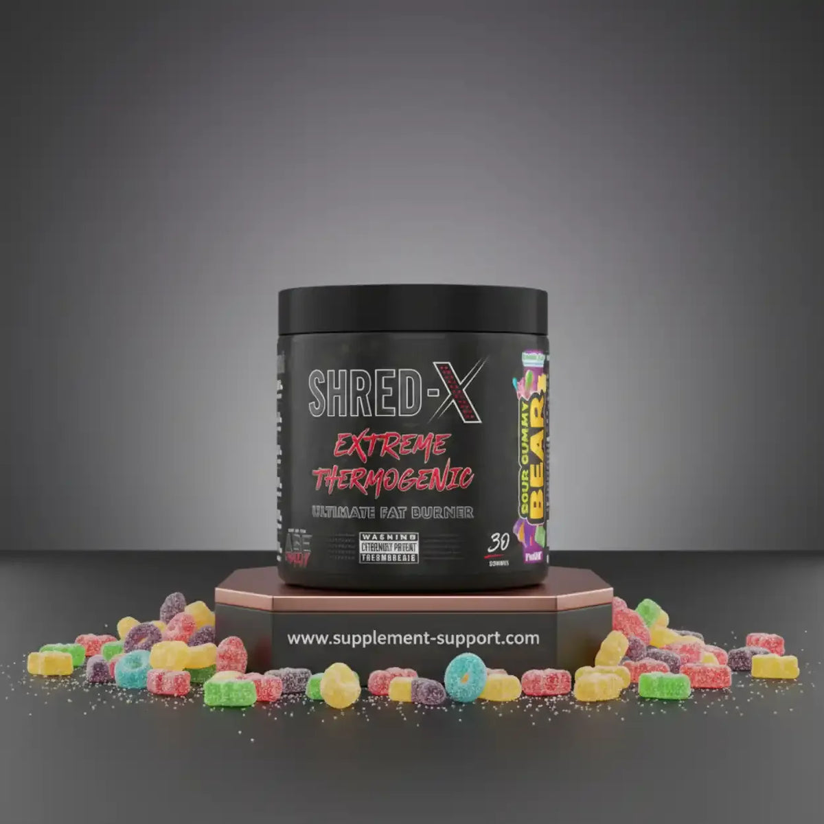 Applied Nutrition Shred-X Extreme Thermogenic Fat Burner Dose mit bunten Gummibärchen