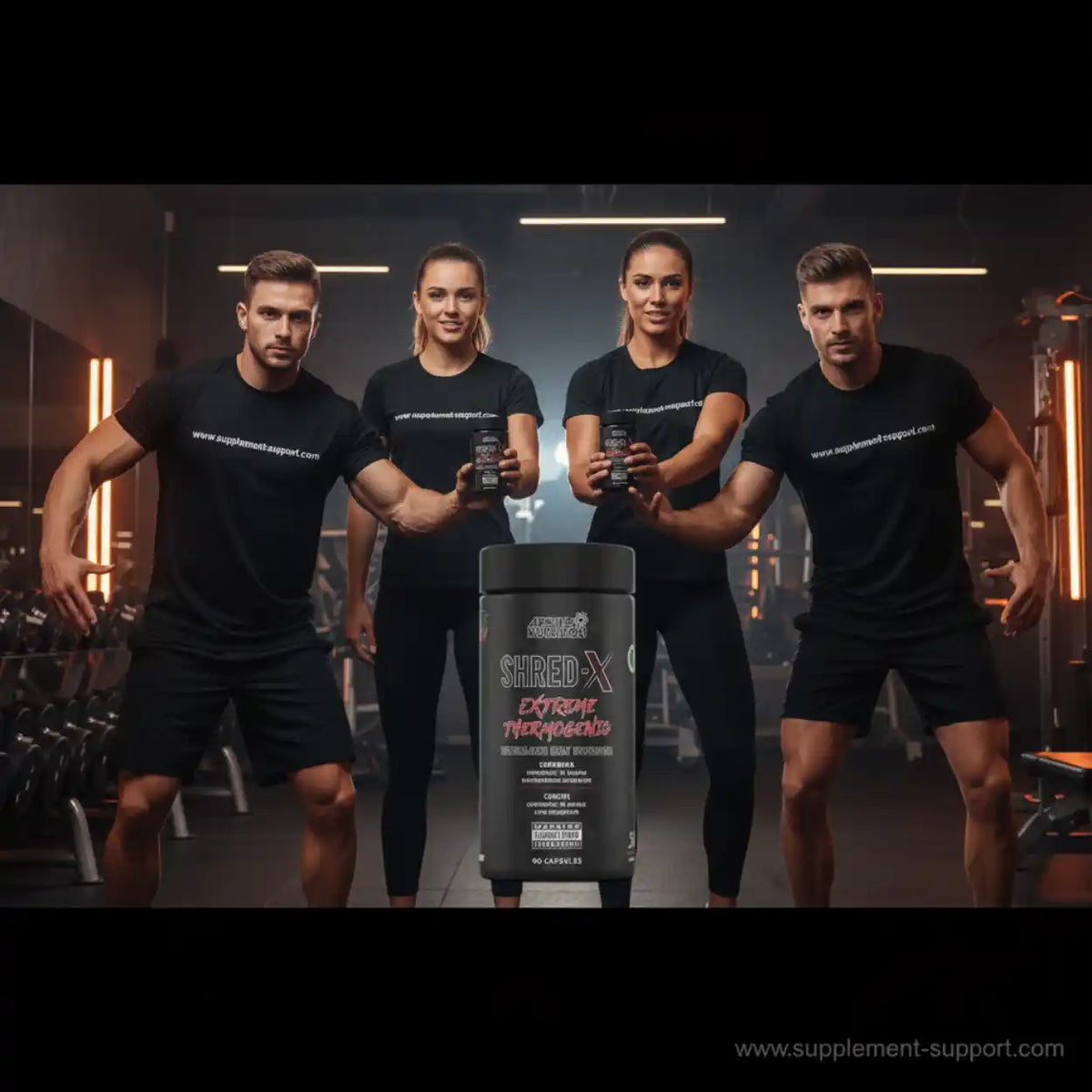 Applied Nutrition Shred-X Extreme Thermogenics Nahrungsergänzung mit vier Fitnessmodellen im Gym.