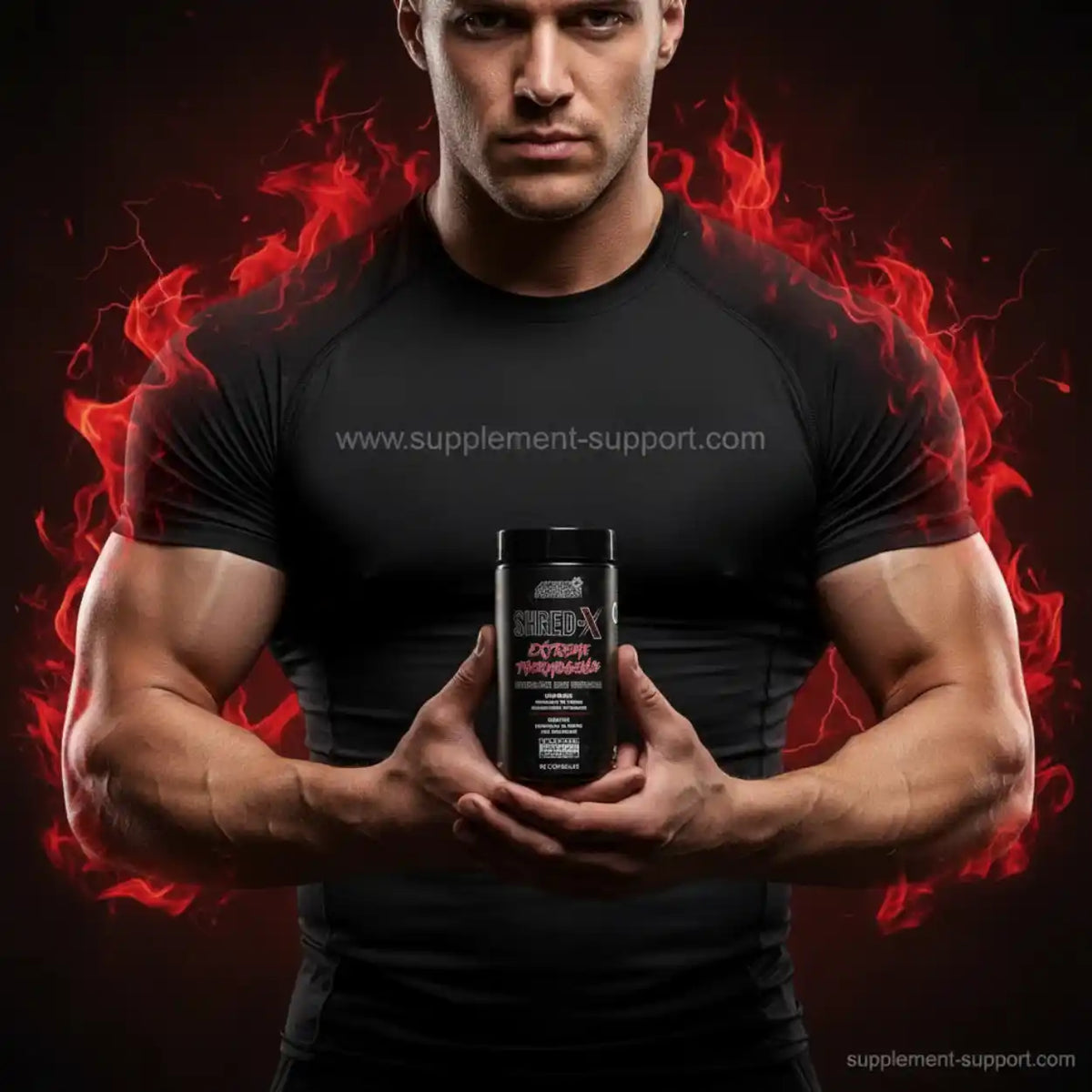 Muskulöser Mann hält Applied Nutrition Shred-X Extreme Thermogenika vor einem Flammenhintergrund.