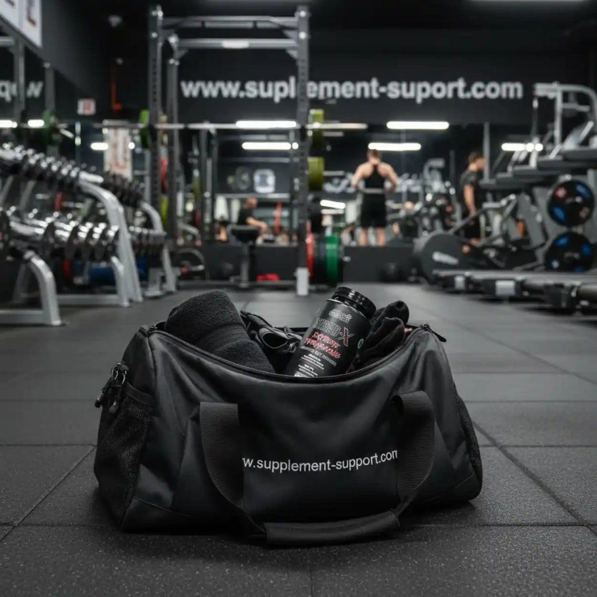 Applied Nutrition Shred-X Kapseln in einer schwarzen Sporttasche im Fitnessstudio