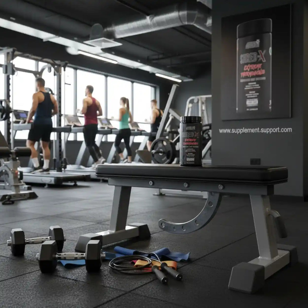 Applied Nutrition Shred-X Dose auf einer Hantelbank in einem modernen Fitnessstudio.