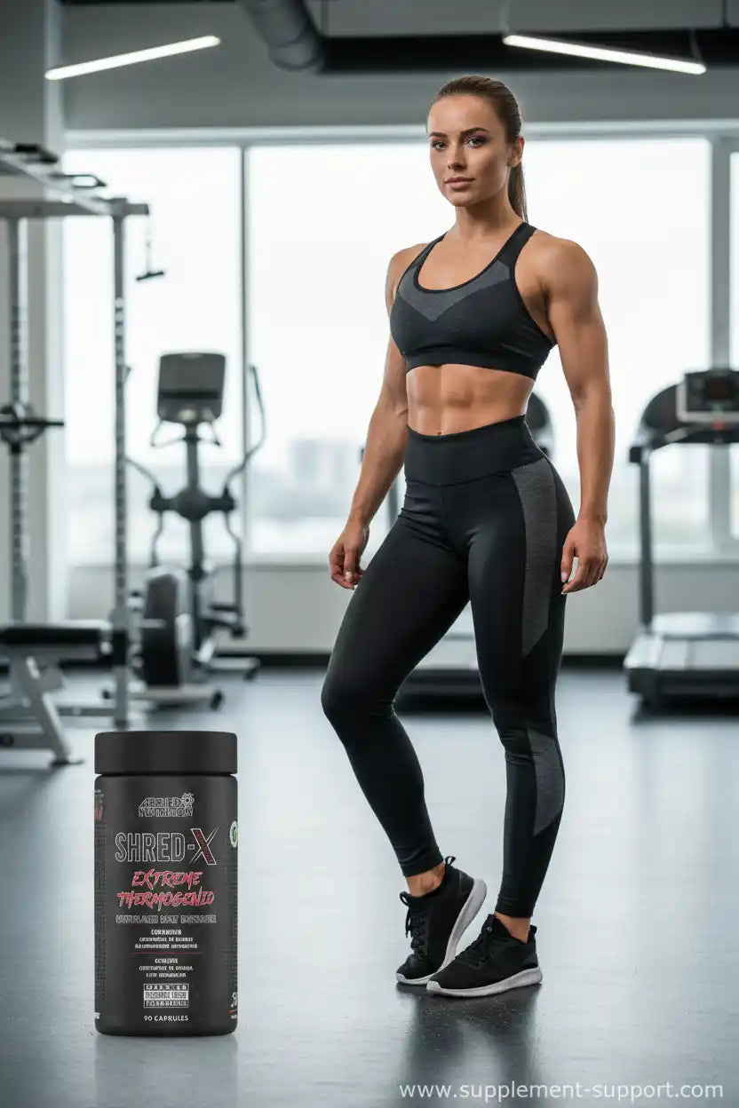 Frau im Fitnessstudio mit Shred-X Extreme Thermogenik Kapseln – Sportnahrung für Muskelaufbau und Fettverbrennung