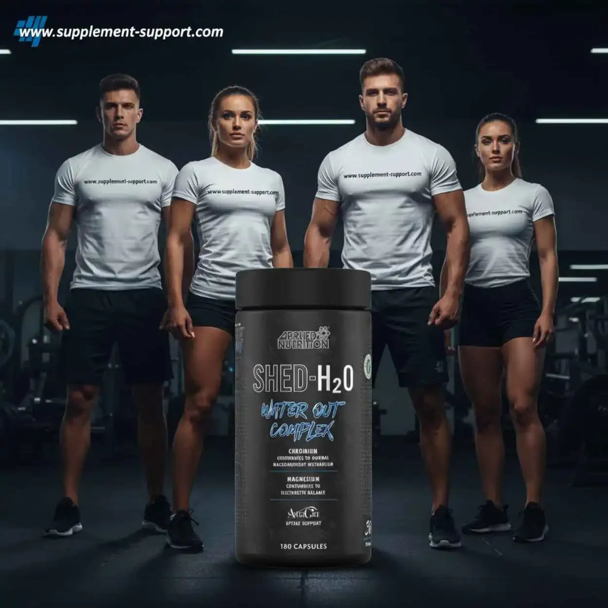 Applied Nutrition SHED-H2O Entwässerungs-Supplement vor vier sportlichen Menschen im Fitnessstudio.