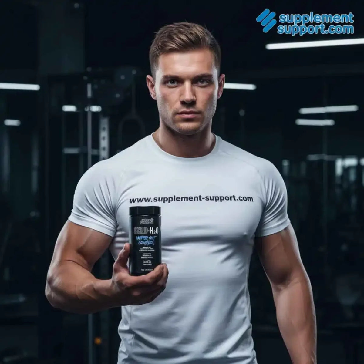 Muskulöser Mann in weißem T-Shirt hält Applied Nutrition Shed H2O Kapseln im Fitnessstudio.