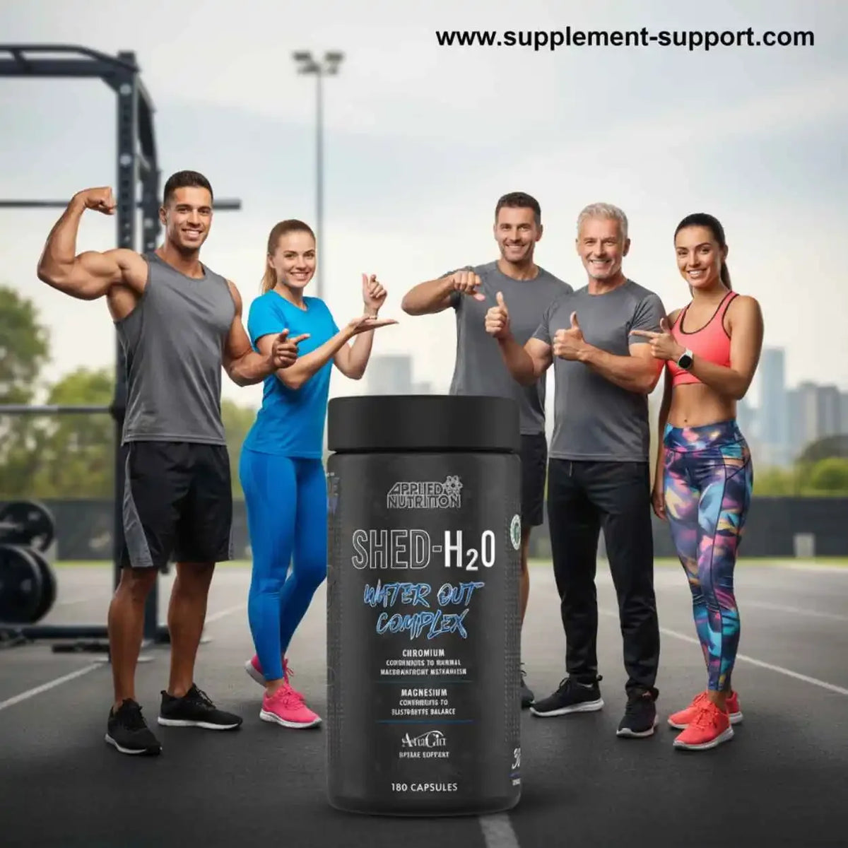 Applied Nutrition SHED-H2O Entwässerungskapseln vor einer Gruppe sportlicher Menschen.