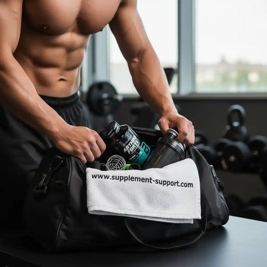 Muskulöser Athlet packt Nahrungsergänzungsmittel und Shaker in Sporttasche im Fitnessstudio