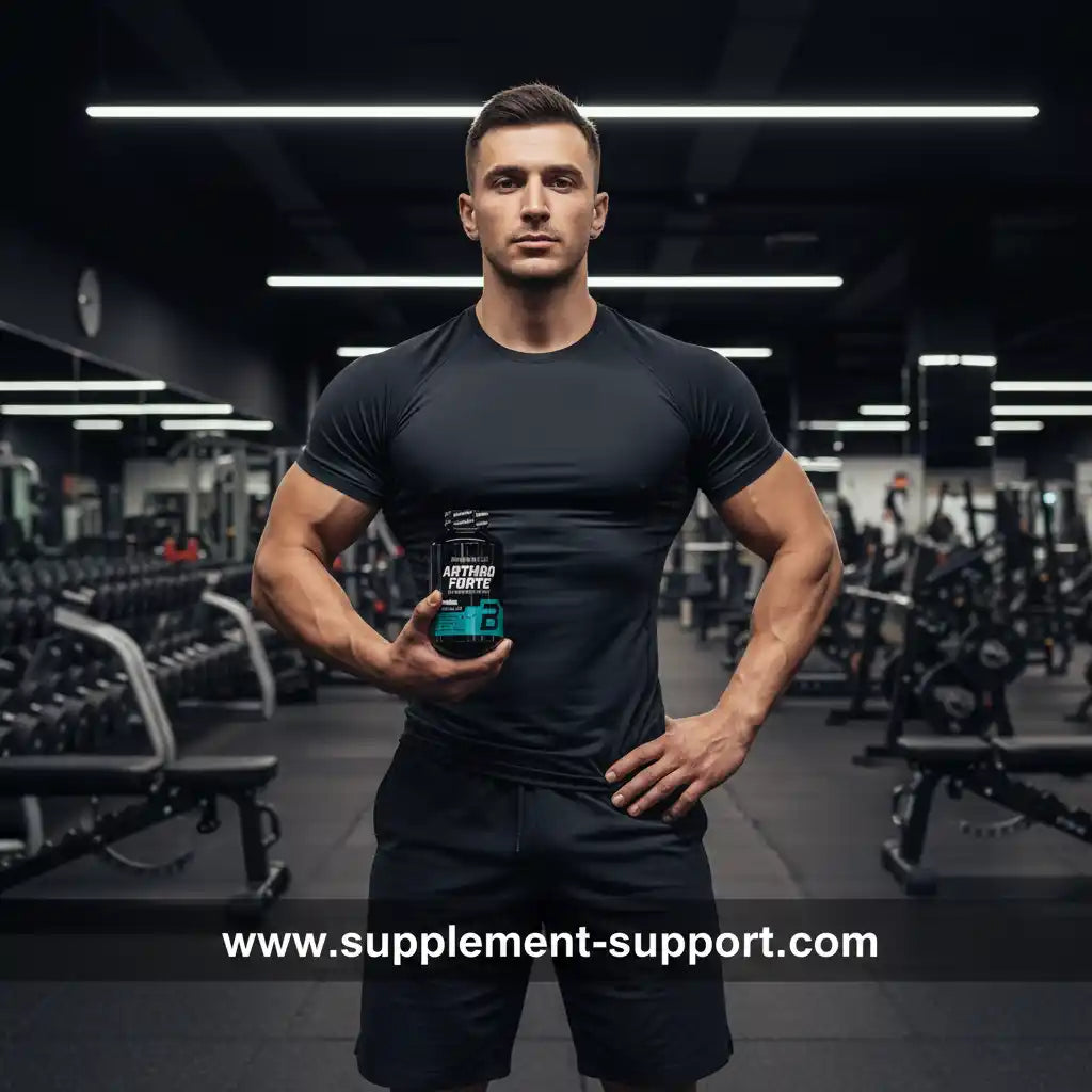 Muskulöser Mann im Fitnessstudio mit Nahrungsergänzungsmittel für Sportler, ideal für Fitness und Training