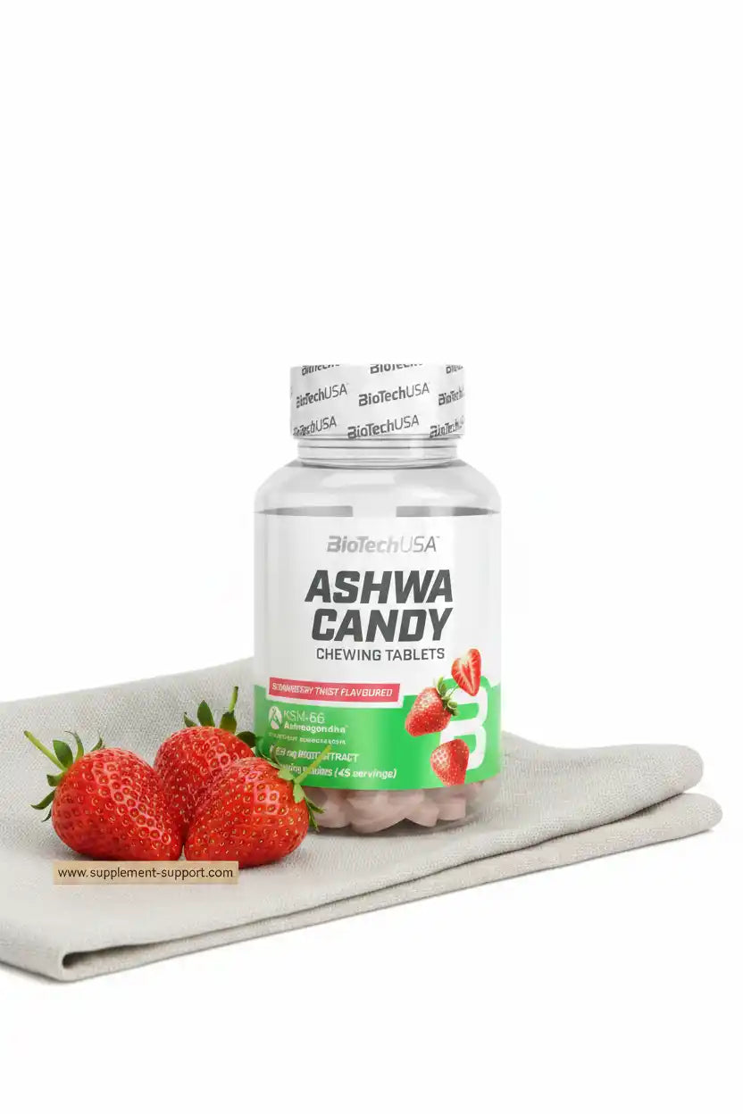 BioTechUSA Ashwa Candy Kaugummis mit Erdbeergeschmack, Nahrungsergänzung für Sportler