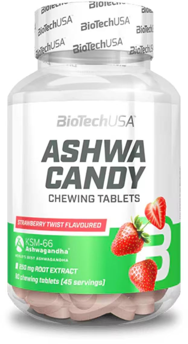 BioTechUSA Ashwa Candy Kaugummitabletten mit Erdbeergeschmack und Ashwagandha-Extrakt