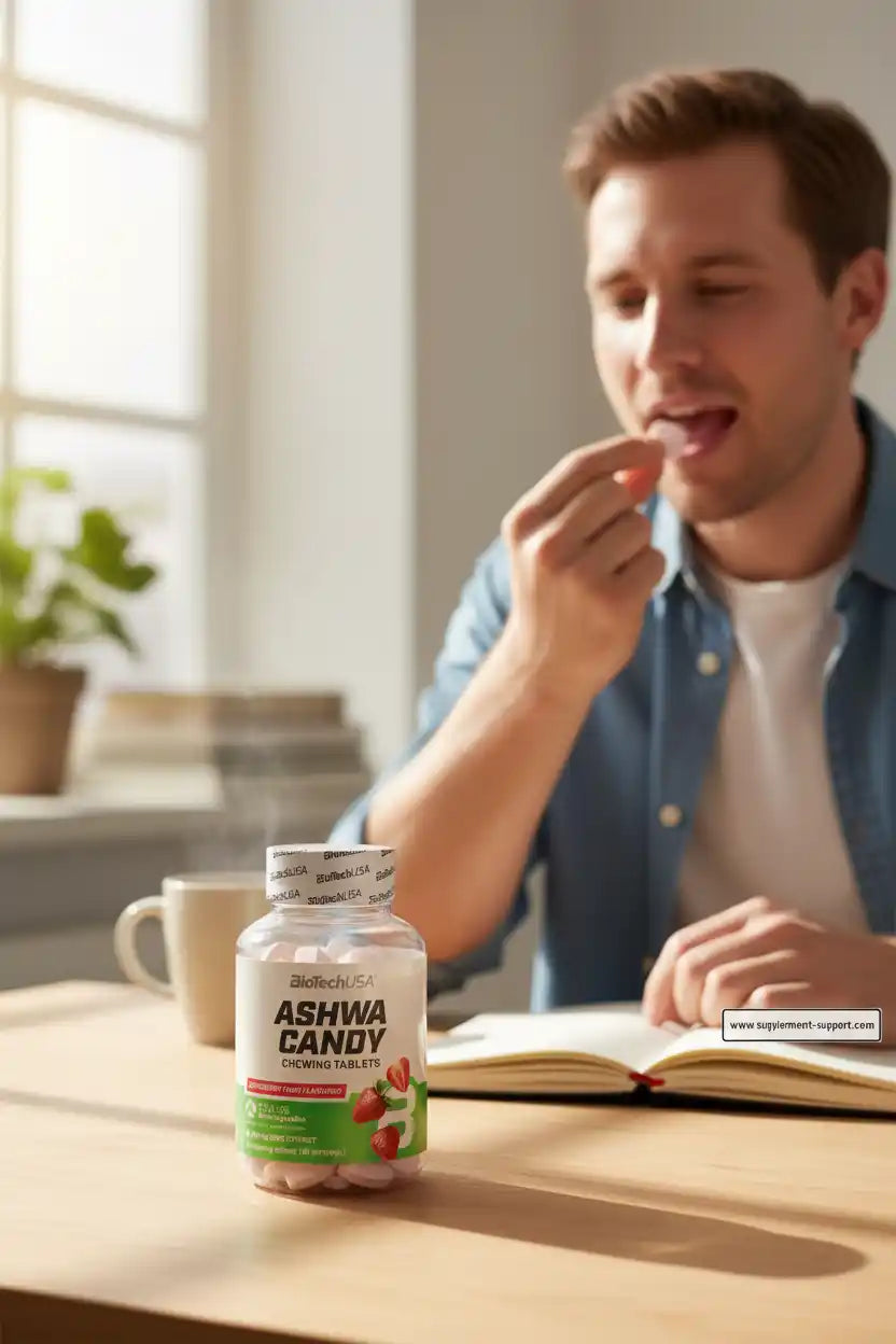 Mann nimmt Ashwa Candy Kaugummitabletten von BioTechUSA ein – Nahrungsergänzung für Sportler