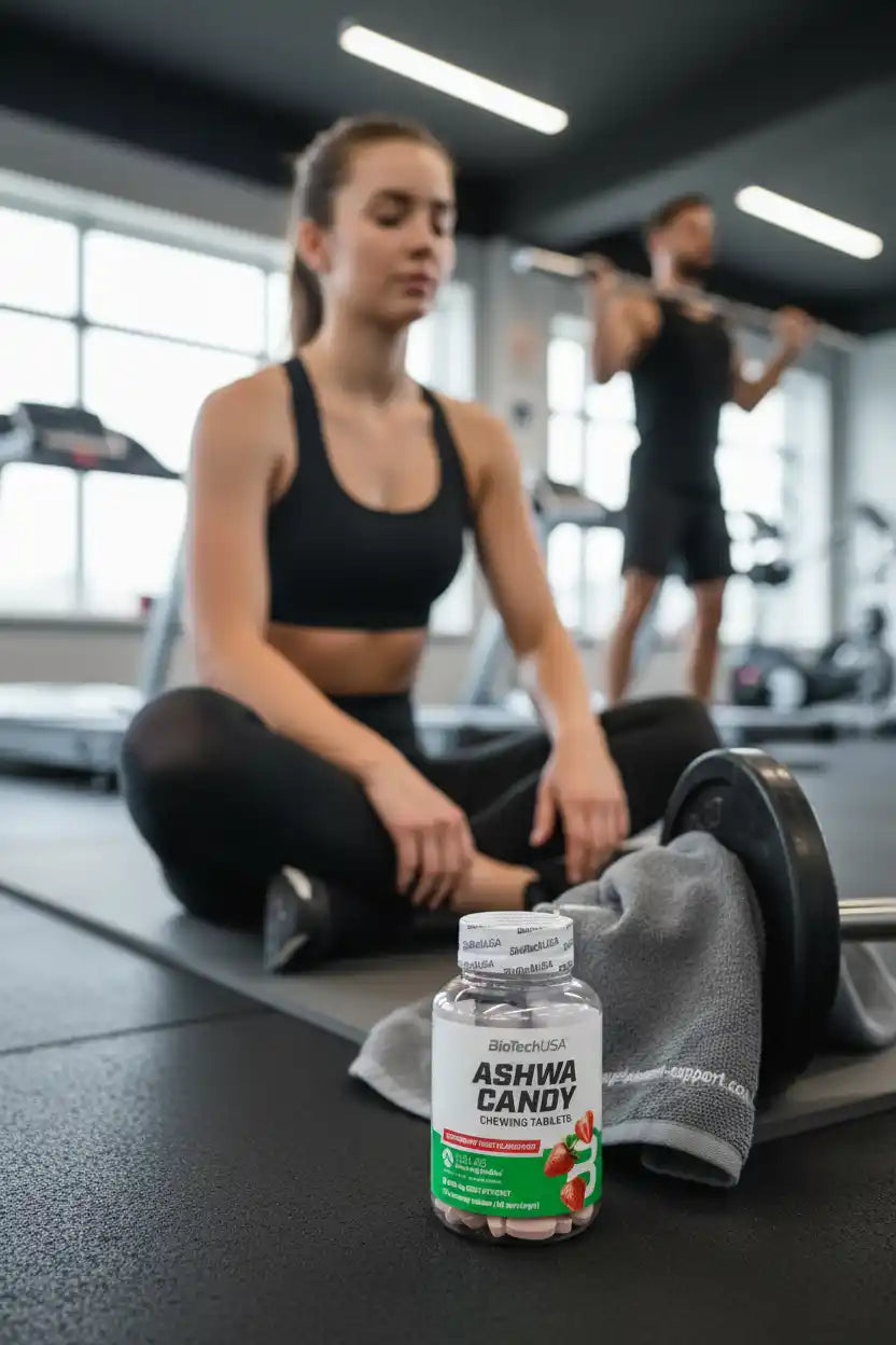 Ashwa Candy Kautabletten von BioTechUSA im Fitnessstudio neben Sportlerin