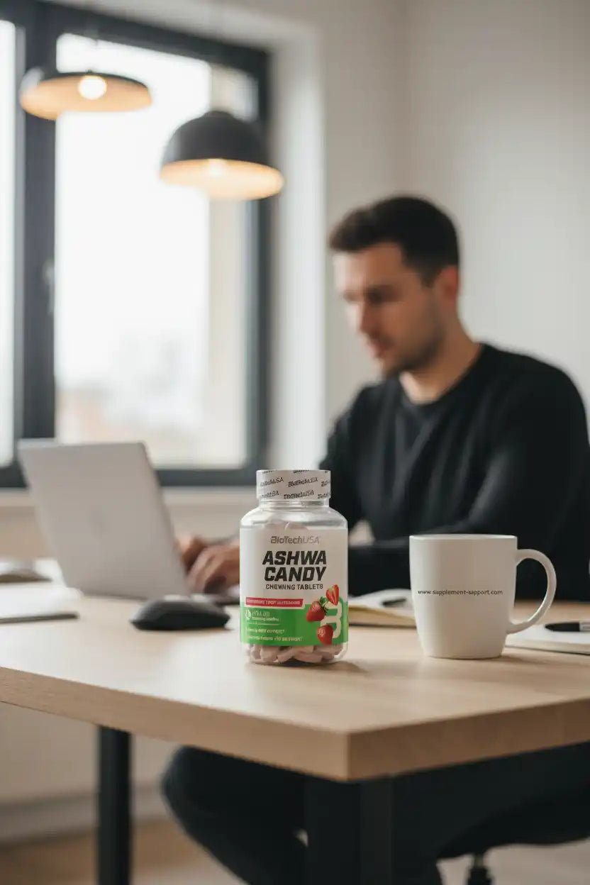 Ashwa Candy Kaugummitabletten von BioTechUSA auf Schreibtisch mit Laptop und Kaffeetasse