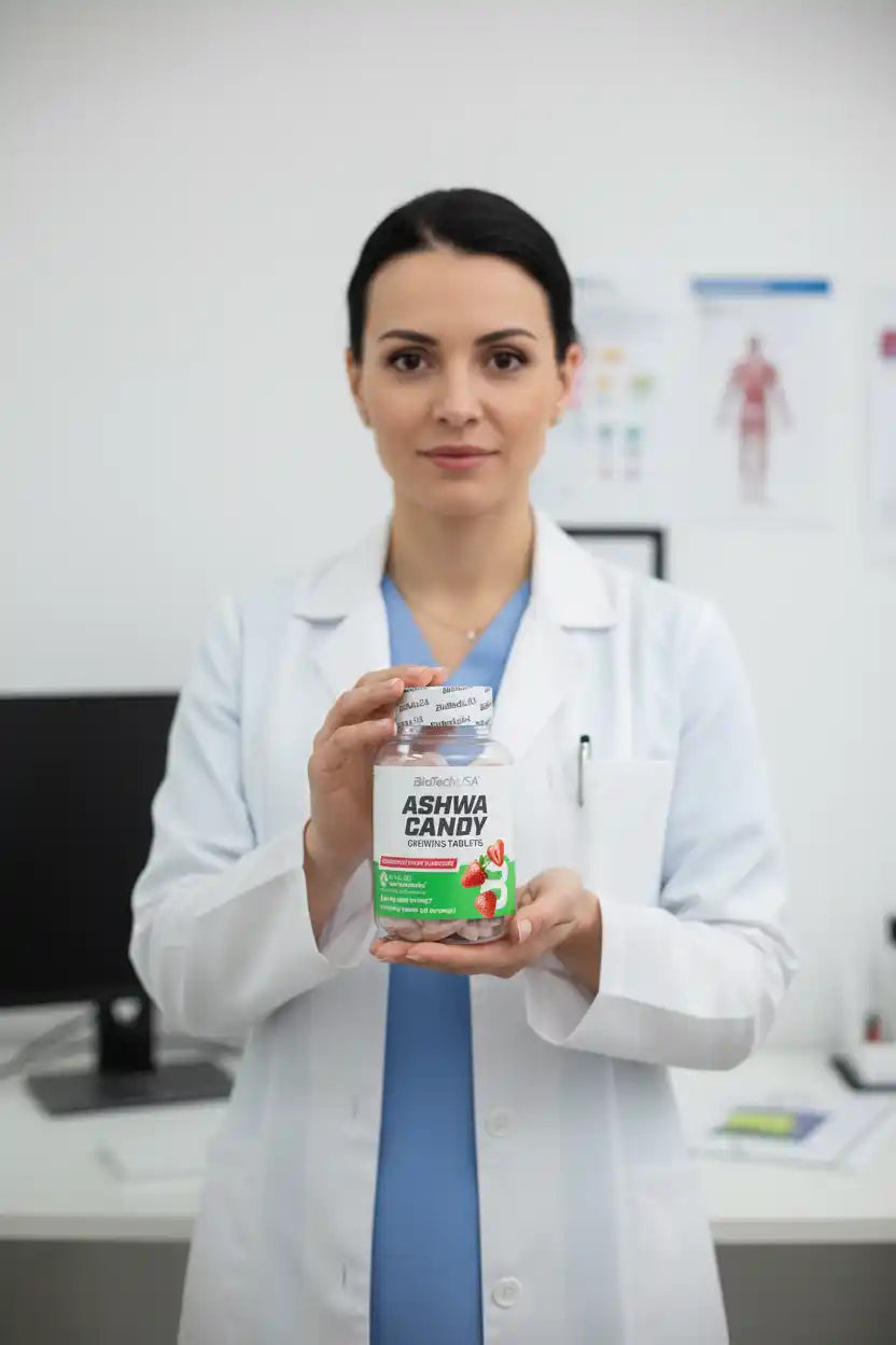 Ärztin hält Ashwa Candy Gummies Tabletten – Nahrungsergänzung für Sportler und Fitness