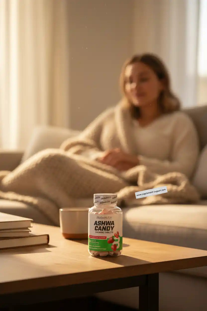 Ashwa Candy Kaugummi-Tabletten von BiotechUSA auf Couchtisch, entspannte Frau im Hintergrund