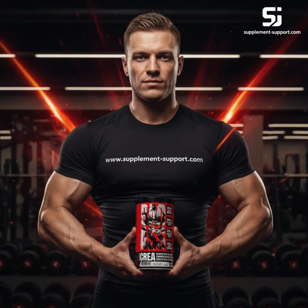 Muskulöser Mann hält eine Dose BAD ASS CREA in einem Fitnessstudio.