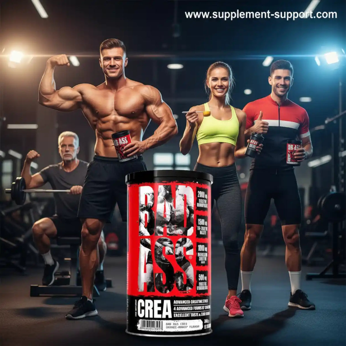 BAD ASS CREA Kreatin Supplement mit muskulösen Sportlern in einem Fitnessstudio