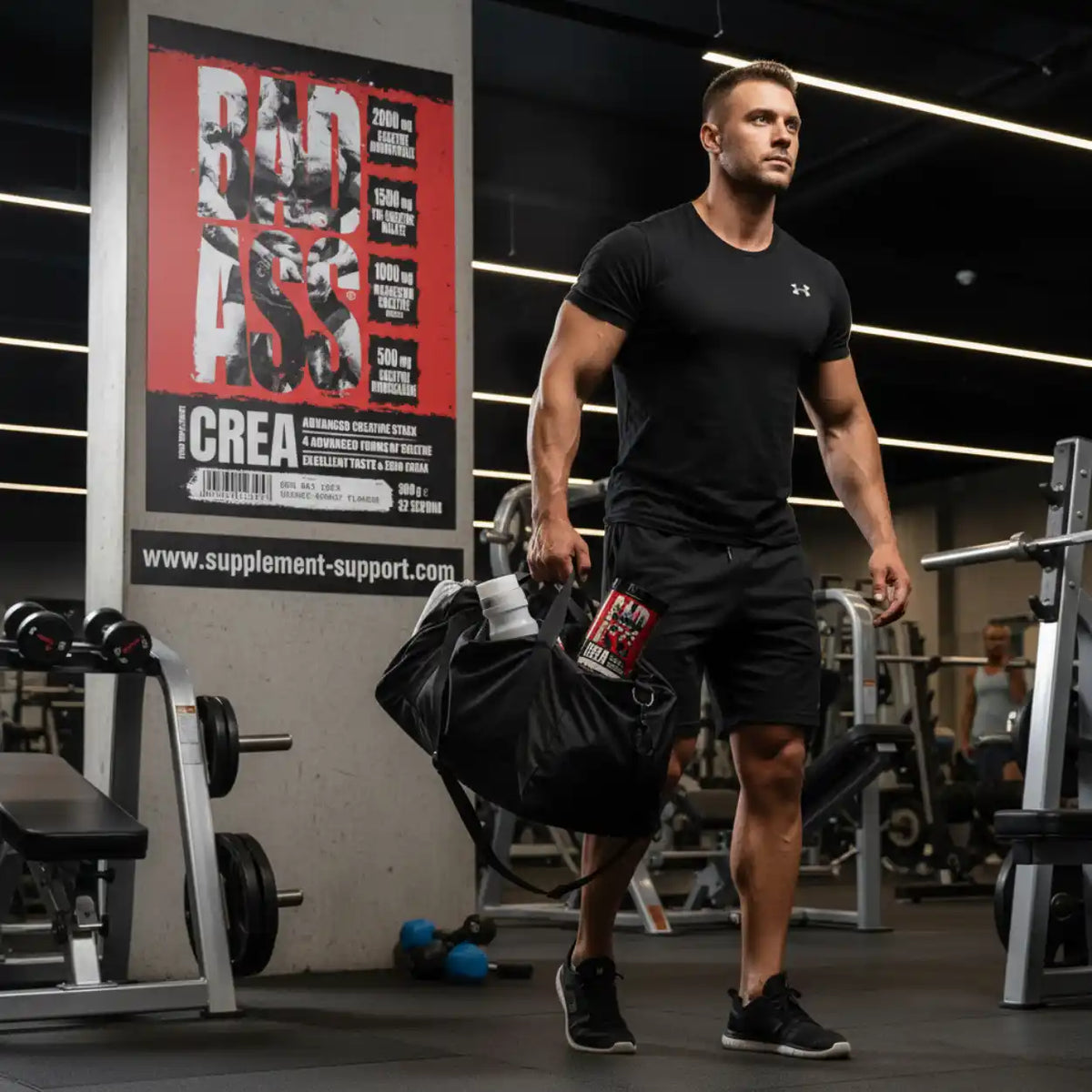 Muskulöser Mann im Fitnessstudio mit einer Sporttasche und BAD ASS CREA Dose.