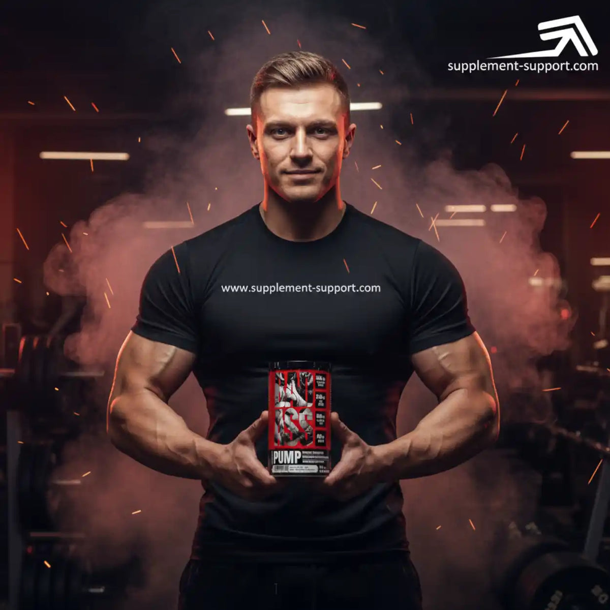 Muskulöser Mann hält eine Dose BAD ASS Pump Booster in einem Fitnessstudio mit Nebel.