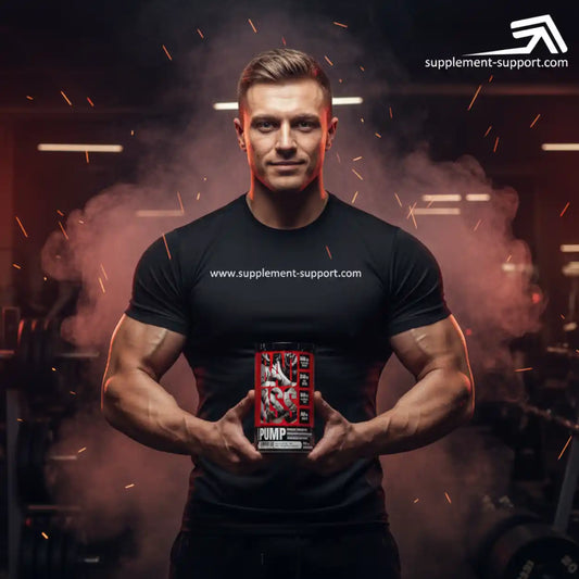 Muskulöser Mann hält eine Dose BAD ASS Pump Booster in einem Fitnessstudio mit Nebel.