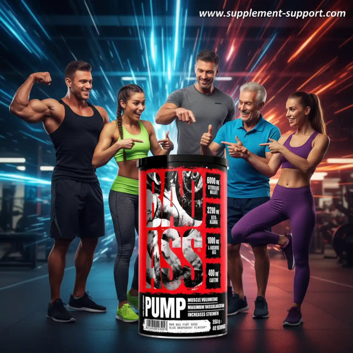 BAD ASS Pump Booster 350g Dose im Zentrum mit vier fitten Sportlern im Fitnessstudio