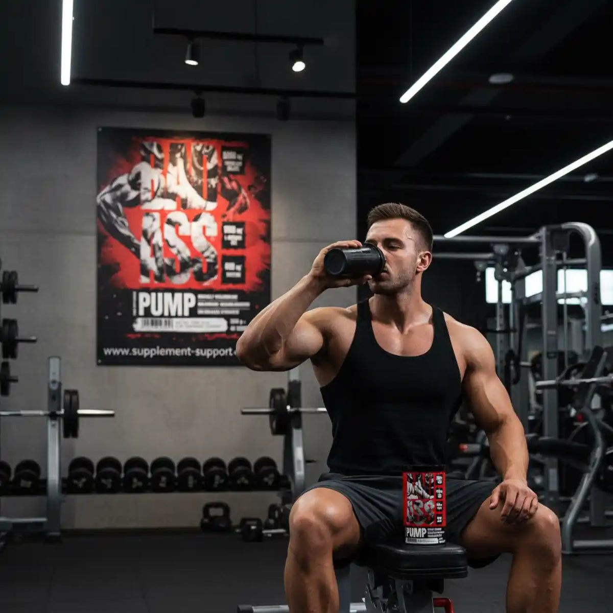 Muskulöser Mann trinkt BAD ASS Pump Booster in einem Fitnessstudio.