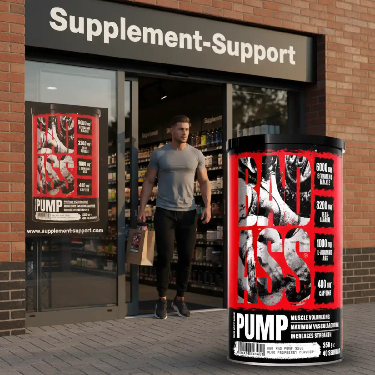 BAD ASS Pump Booster 350g Dose vor einem Supplement-Shop mit einem muskulösen Mann.