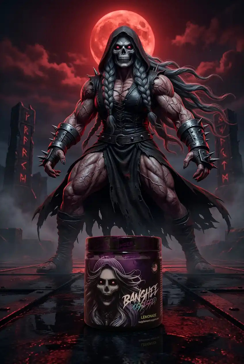 Undergrund Labs Banshee V3 Possessed Booster Lemonade vor muskulösem Sensenmann und rotem Mond