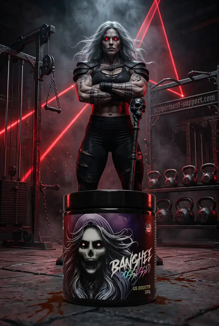 Banshee V3 Possessed US Booster von Undergrund Labs vor einer muskulösen Frau im Fitnessstudio.